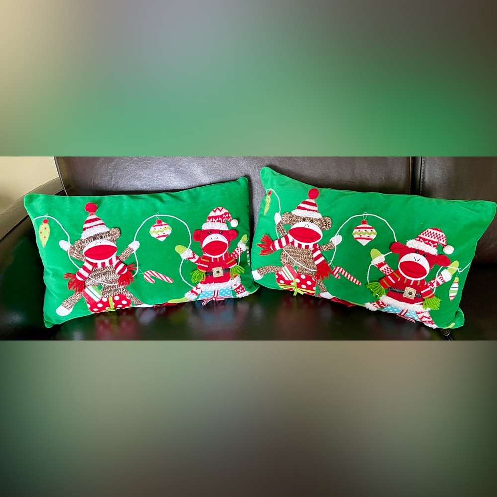 Set of 2 Pier 1 Imports Christmas Sock Monkey Pillows